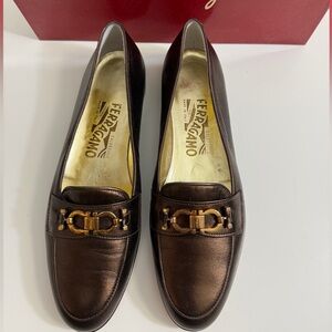 Salvatore Ferragamo Metallic Brown Leather Bit Loafers